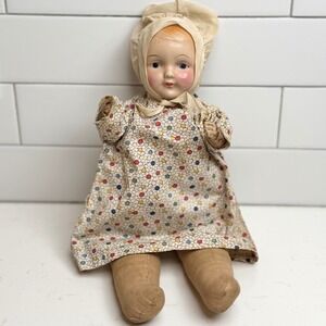 Vintage Composition Doll‎ Toddler Bonnet Print Dress Cloth Body 1930's